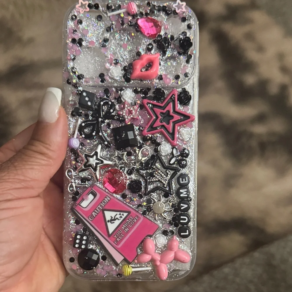 Decorative Glitter Phone Case - Pink and Black